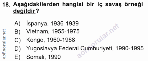 18. soru: Aşağıdakilerden hangisi bir iç savaş örneği değildir? A) İspanya, 1936-1939 ar.net B) Vietnam, 1955-1975 C) Kongo, 19…