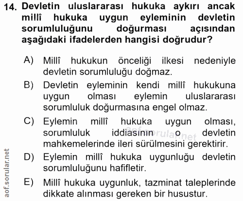 14. soru: Devletin uluslararası hukuka aykırı ancak milli hukuka uygun eyleminin devletin sorumlulugunu doğurması açısından aşa…