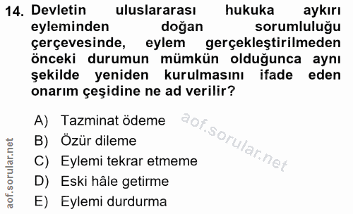 14. soru: Devletin uluslararası hukuka aykırı eyleminden doğan sorumluluğu çerçevesinde, eylem gerçekleştirilmeden önceki durum…