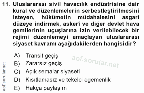 11. soru: Uluslararası sivil havacılık endüstrisine dair kural ve düzenlemelerin serbestleştirilmesini isteyen, hükümetin müdah…
