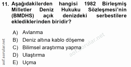 11. soru: Aşağıdakilerden hangisi 1982 Birleşmiş Milletler Deniz Hukuku Sözleşmesi'nin (BMDHS) açık denizdeki serbestilere ekle…