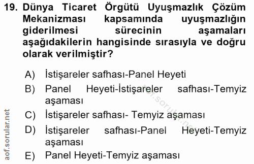 19. soru: Dünya Ticaret Örgütü Uyuşmazlık Çözüm Mekanizması kapsamında uyuşmazlığın giderilmesi sürecinin aşamaları aşağıdakile…