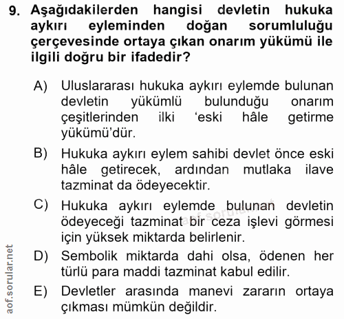 9. soru: Aşağıdakilerden hangisi devletin hukuka aykırı eyleminden doğan sorumluluğu çerçevesinde ortaya çıkan onarım yükümü i…