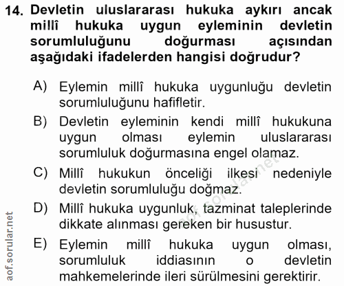 14. soru: Devletin uluslararası hukuka aykırı ancak milli hukuka uygun eyleminin devletin sorumluluğunu doğurması açısından aşa…