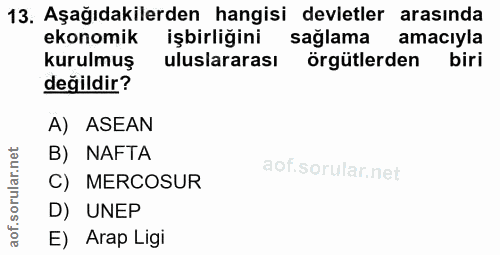 13. soru: Aşağıdakilerden hangisi devletler arasında ekonomik işbirliğini sağlama amacıyla kurulmuş uluslararası örgütlerden bi…