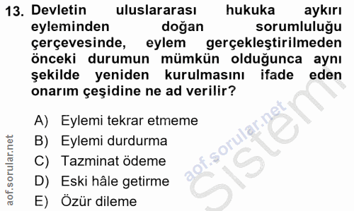 13. soru: Devletin uluslararası hukuka aykırı eyleminden doğan sorumluluğu çerçevesinde, eylem gerçekleştirilmeden önceki durum…