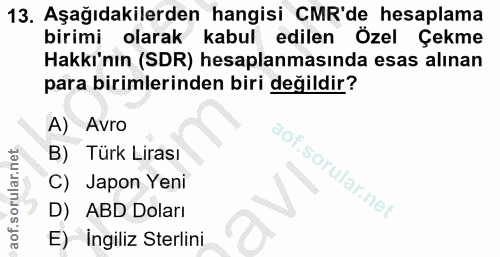 13. soru: Aşağıdakilerden hangisi MR'de hesaplama birimi olarak kabul edilen Özel Çekme Hakkı'nın (SDR) hesaplanmasında esas al…