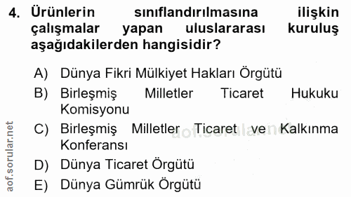 4. soru: Ürünlerin sınıflandırılmasına ilişkin çalışmalar yapan uluslararası kuruluş aşağıdakilerden hangisidir? A) Dünya Fikr…
