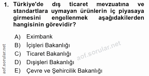 1. soru: Türkiye'de dış ticaret mevzuatina ve standartlara uymayan ürünlerin iç piyasaya girmesini engellenmek aşağıdakilerden…
