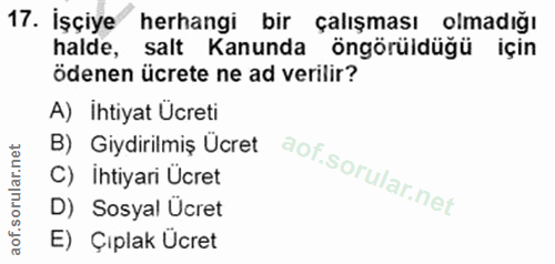 17. soru: İşçiye herhangi bir çalışması olmadığı halde, salt Kanunda öngörüldüğü için ödenen ücrete ne ad verilir? A) İhtiyat U…
