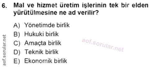 6. soru: Mal ve hizmet üretim işlerinin tek bir elden yürütülmesine ne ad verilir? A) Yönetimde birlik B) Hukuki birlik C) Ama…