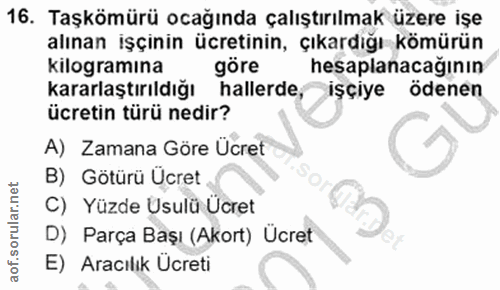 16. soru: Taşkömürü ocağında çalıştırılmak üzere işe alınan işçinin ücretinin, çıkardığı kömürün Kilogramına göre hesaplanacağı…