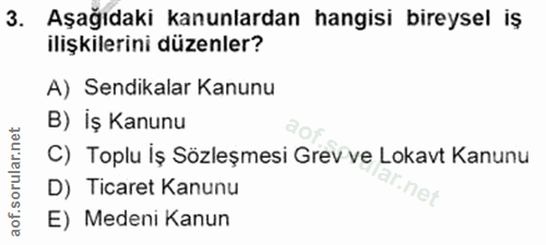 3. soru: Aşağıdaki kanunlardan hangisi bireysel iş ilişkilerini düzenler? A) Sendikalar Kanunu B) Iş Kanunu aof.sorular.n C) T…