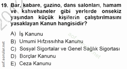 19. soru: Bar, kabare, gazino, dans salonları, hamam ve, kahvehaneler gibi yerlerde onsekiz yaşından küçük kişilerin çalıştırıl…