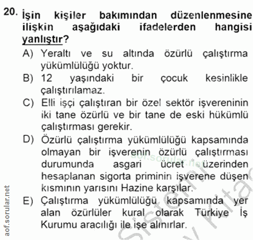 20. soru: İşin kişiler bakımından düzenlenmesine ilişkin aşağıdaki ifadelerden hangisi yanlıştır? A) Yeraltı ve su altında özür…