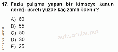 17. soru: Fazla çalışma yapan bir kimseye kanun gereği ücreti yüzde kaç zamlı ödenir? A) 60 ar.net B) 55 C) 50 D) 30 of. E) 25