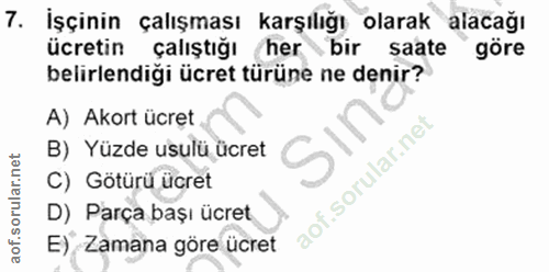 7. soru: İşçinin çalışması karşılığı olarak alacağı ücretin çalıştığı /her bir saate göre belirlendiği ücret türüne ne denir?…