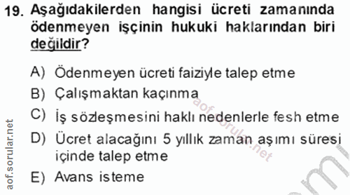 19. soru: Aşağıdakilerden hangisi ücreti zamanında ödenmeyen işçinin hukuki haklarından biri değildir? A) Ödenmeyen ücreti faiz…