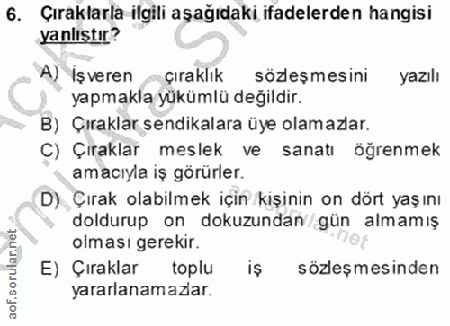 6. soru: Çıraklarla ilgili aşağıdaki ifadelerden hangisi yanlıştır? A) işveren •çıraklık sözleşmesini yazılı yapmakla yükümlü…
