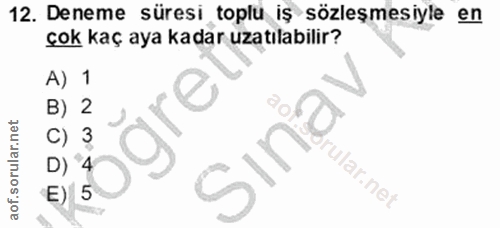 12. soru: Deneme süresi toplu iş sözleşmesiyle en çok kaç aya kadar uzatılabilir? A) 1 B) 2 C) 3 Sina D) 4 rular.net | E) 5