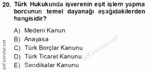 20. soru: Türk Hukukunda işverenin eşit işlem yapma borcunun temel dayanağı aşağıdakilerden hangisidir? A) Medeni Kanun B) Anay…