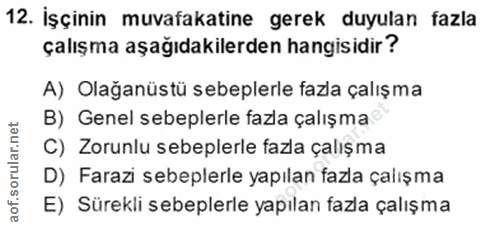 12. soru: İşçinin muvafakatine gerek duyulan fazla çalışma aşağıdakilerden hangisidir? A) Olağanüstü sebeplerle fazla çalışma B…