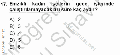 17. soru: Emzikli kadın işçilerin gece işlerinde çalıştırılamayacakları süre kaç aydır? A) 2 B) 3 SIna 4 5 prular.net E) 6
