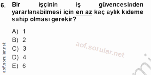 6. soru: Bir işçinin IŞ güvencesinden yararlanabilmesi için en az kaç aylık kıdeme sahip olması gerekir? A) 1 B) 2 C) 3 D) 4 E) 6