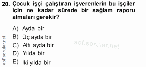 20. soru: Çocuk işçi çalıştıran işverenlerin bu işçiler için ne kadar sürede bir sağlam raporu almaları gerekir? A) Ayda bir B)…