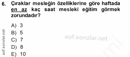 6. soru: Çıraklar mesleğin özelliklerine göre haftada en az kaç saat mesleki eğitim görmek zorundadır? A) 3 B) 5 C) 7 D) 8 E) 10