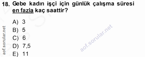18. soru: Gebe kadın işçi için günlük çalışma süresi en fazla kaç saattir? A) 3 B) 5 C) 6 D) 7,5 E) 11