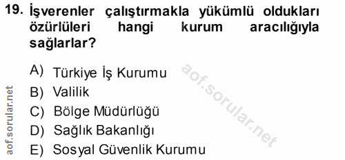 19. soru: Işverenler çalıştırmakla yükümlü oldukları özürlüleri hangi kurum aracılığıyla sağlarlar? A) Türkiye Iş Kurumu B) Val…