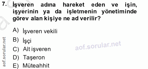 7. soru: İşveren adina hareket eden ve işin, işyerinin ya da işletmenin yönetiminde görev alan kişiye ne ad verilir? A) İşvere…