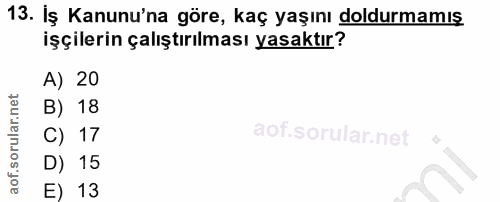 13. soru: İş Kanunu'na göre, kaç yaşını doldurmamış işçilerin çalıştırılması yasaktır? A) 20 B) 18 C) 17 D) 15 E) 13