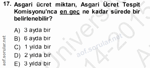 17. soru: Asgari ücret miktarı, Asgari Ücret Tespit Komisyonu'nca en geç ne kadar sürede bir belirlenebilir? A) 3 ayda bir B) 6…