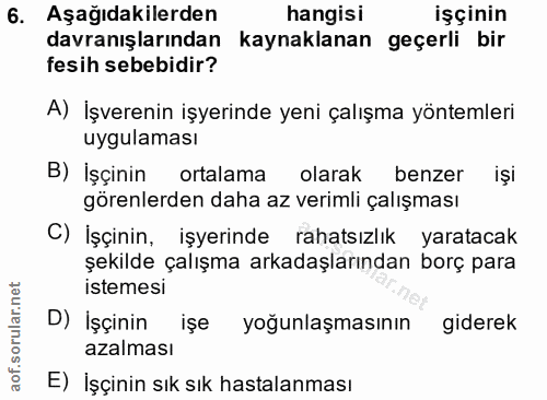 6. soru: Aşağıdakilerden hangisi işçinin davranışlarından kaynaklanan geçerli bir fesih sebebidir? A) İşverenin işyerinde yeni…