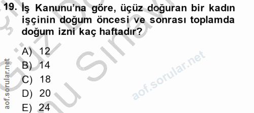 19. soru: İş Kanunu'na göre, üçüz doğuran bir kadın işçinin doğum öncesi ve sonrası toplamda doğum izni kaç haftadır? A) 12 lla…
