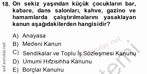 18. soru: On sekiz yaşından küçük çocukların bar, kabare, dans salonları, kahve, gazino ve hamamlarda çalıştırılmalarını yasakl…