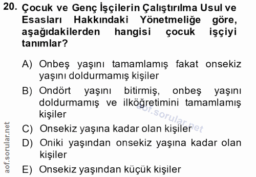 20. soru: Çocuk ve Genç İşçilerin Çalıştırılma Usul ve Esasları Hakkındaki Yönetmeliğe göre, aşağıdakilerden hangisi çocuk işçi…
