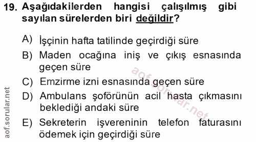 19. soru: Aşağıdakilerden hangisi çalışılmış gibi sayılan sürelerden biri değildir? A) İşçinin hafta tatilinde geçirdiği süre B…