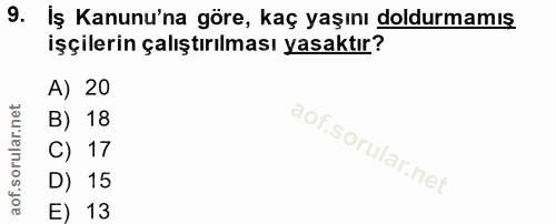 9. soru: Iş Kanunu'na göre, kaç yaşını doldurmamış işçilerin çalıştırılması yasaktır? A) 20 B) 18 C) 17 D) 15 E) 13
