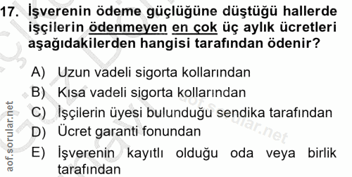 17. soru: Işverenin ödeme güçlüğüne düştüğü hallerde işçilerin ödenmeyen en çok üç aylık ücretleri aşağıdakilerden hangisi tara…