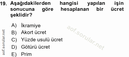 19. soru: Aşağıdakilerden hangisi yapılan işin sonucuna göre hesaplanan bir ücret şeklidir? A) Ikramiye B) Akort ücret C) Yüzde…