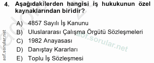 4. soru: Aşağıdakilerden hangisi iş hukukunun özel kaynaklarından biridir? A) 4857 Sayılı İş Kanunu B) Uluslararası Çalışma Ör…