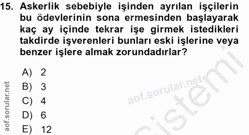 15. soru: Askerlik sebebiyle işinden ayrılan işçilerin bu ödevlerinin sona ermesinden başlayarak kaç ay içinde tekrar işe girme…