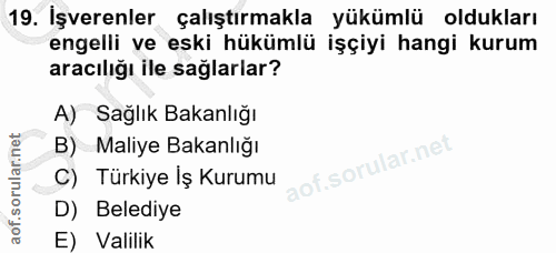19. soru: İşverenler çalıştırmakla yükümlü oldukları engelli ve eski hükümlü işçiyi hangi kurum aracılığı ile sağlarlar? A) Sağ…