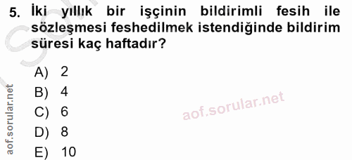 5. soru: İki yıllık bir işçinin bildirimli fesih ile sözleşmesi feshedilmek istendiğinde bildirim süresi kaç haftadır? A) 2 B)…