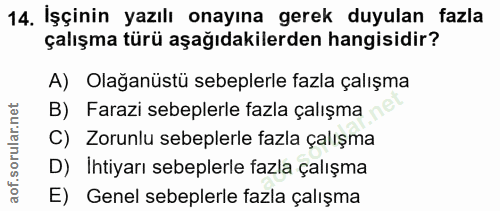 14. soru: İşçinin yazılı onayına gerek duyulan fazla çalışma türü aşağıdakilerden hangisidir? A) Olağanüstü sebeplerle fazla ça…