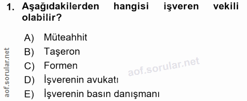 1. soru: Aşağıdakilerden hangisi işveren vekili olabilir? A) Müteahhit B) Taşeron C) Formen D) Işverenin avukatı E) İşverenin…