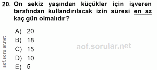 20. soru: On sekiz yaşından küçükler için işveren tarafından kullandırılacak izin süresi en az kaç gün olmalıdır? A) 20 B) 18 C…